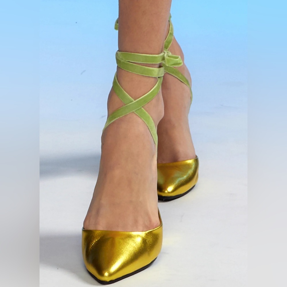 Metallic ankle ribbon wedges - new, never worn, in box